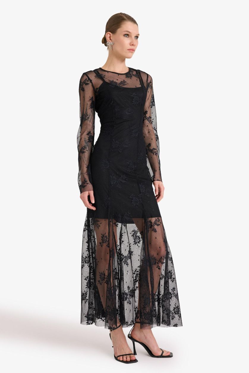 Woman Black Long Sleeve Floral Patterned Tulle Maxi Dress