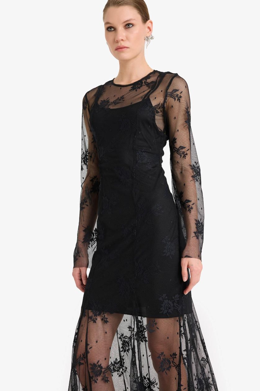 Woman Black Long Sleeve Floral Patterned Tulle Maxi Dress
