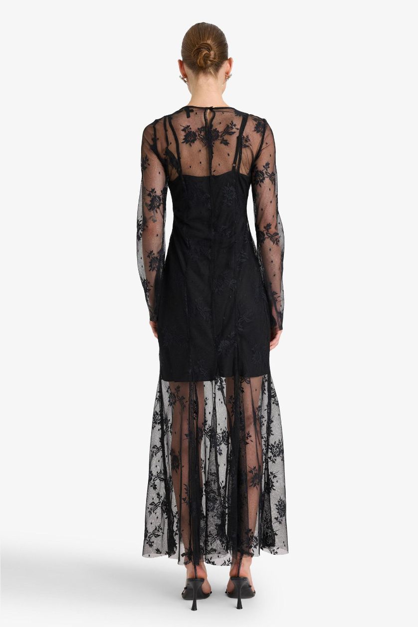 Woman Black Long Sleeve Floral Patterned Tulle Maxi Dress