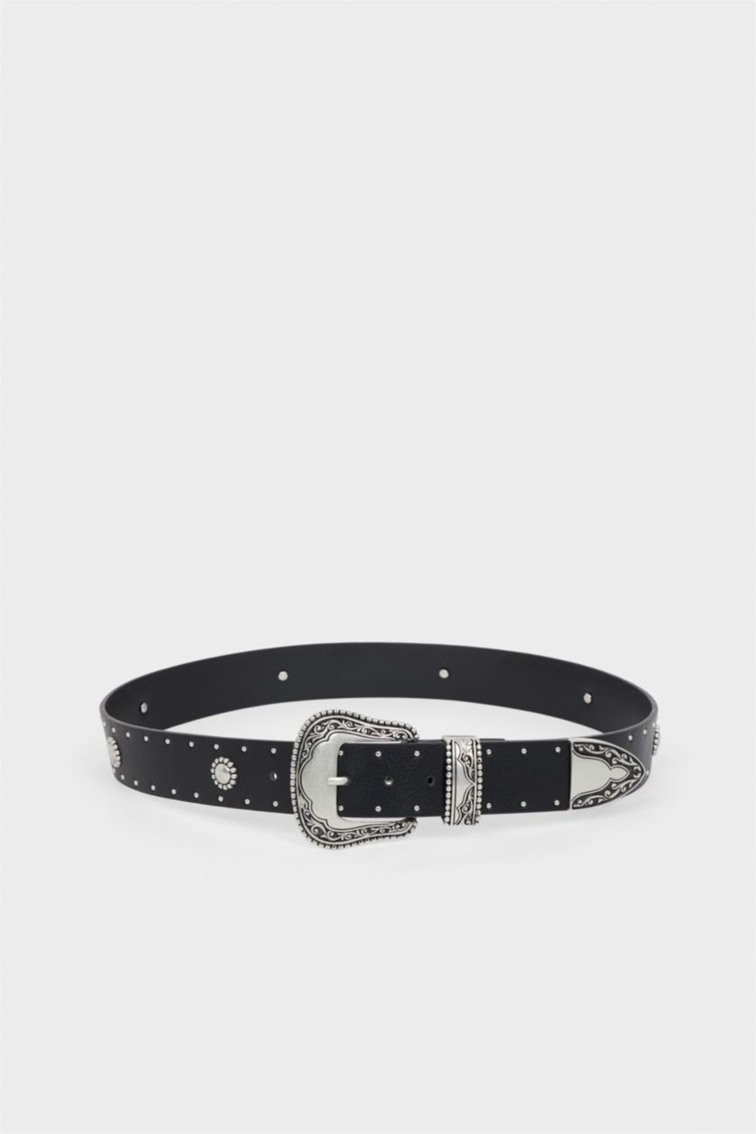 Kadın Siyah Kadın Hayvan Baskılı Dikdörtgen Toka Suni Deri Günlük Kemer