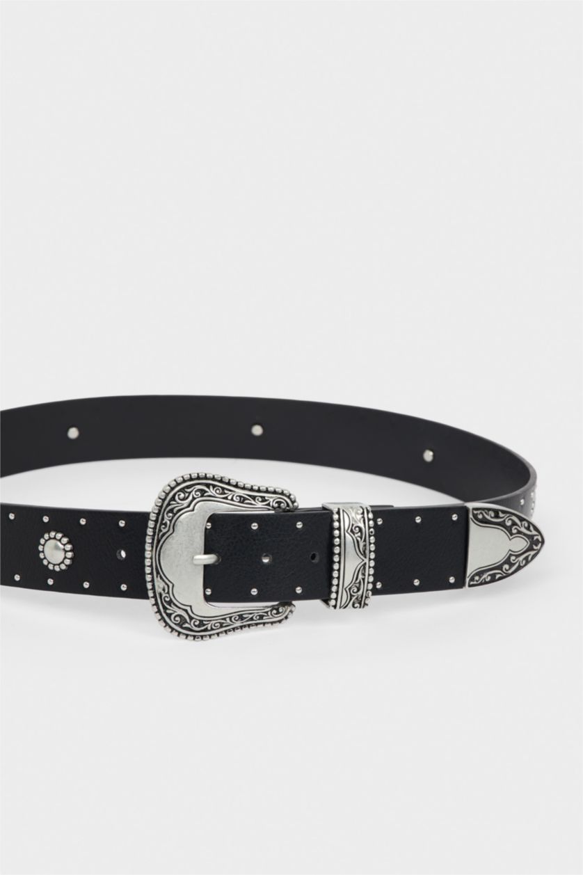 Kadın Siyah Kadın Hayvan Baskılı Dikdörtgen Toka Suni Deri Günlük Kemer