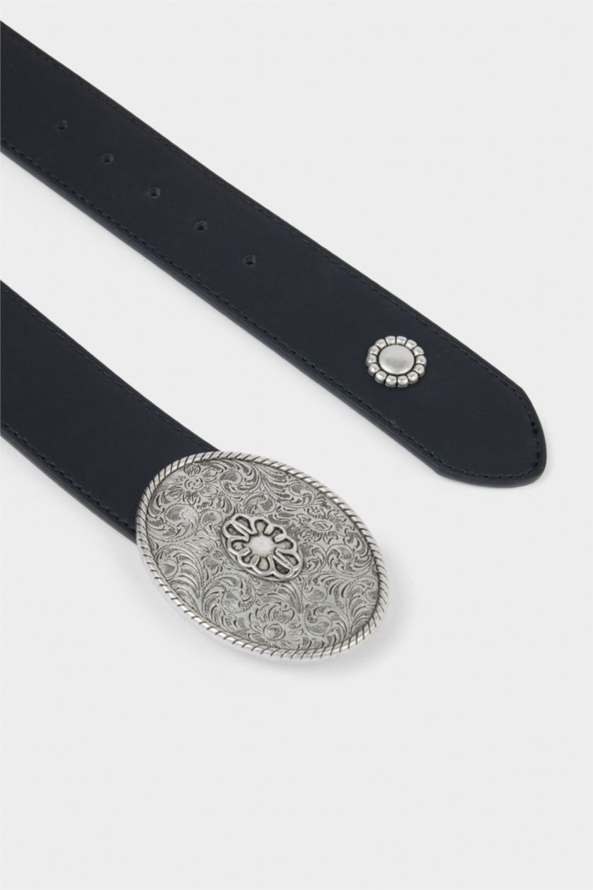 Kadın Siyah Kadın Hayvan Baskılı Büyük Toka Suni Deri Günlük Kemer