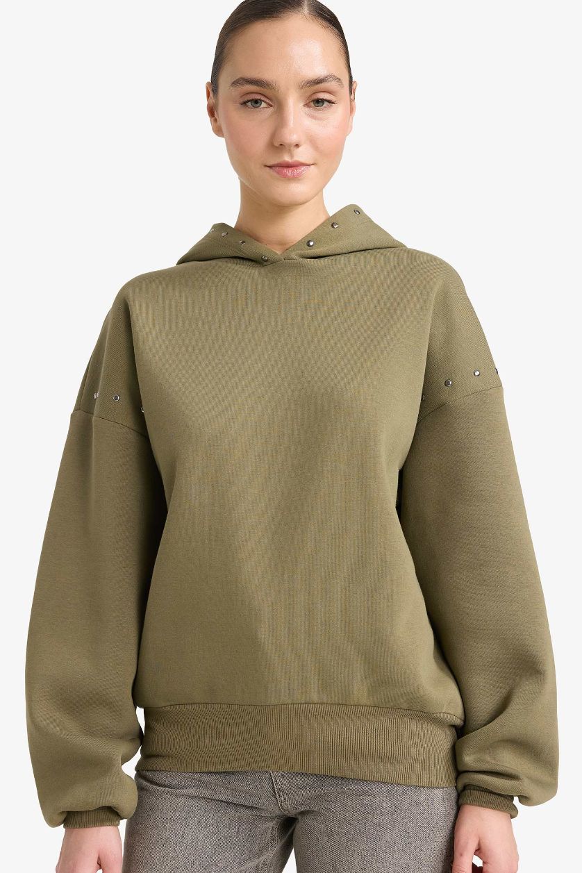 Woman Light Khaki Oversize Fit Long Sleeve Sweatshirt