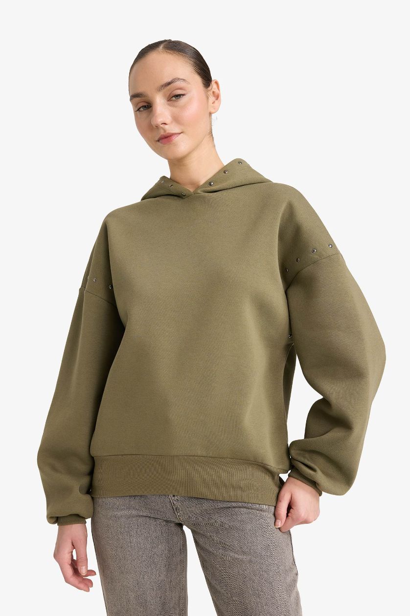 Woman Light Khaki Oversize Fit Long Sleeve Sweatshirt