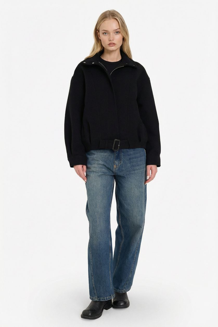 Kadın Siyah Dik Yaka Kaşe Kaban 