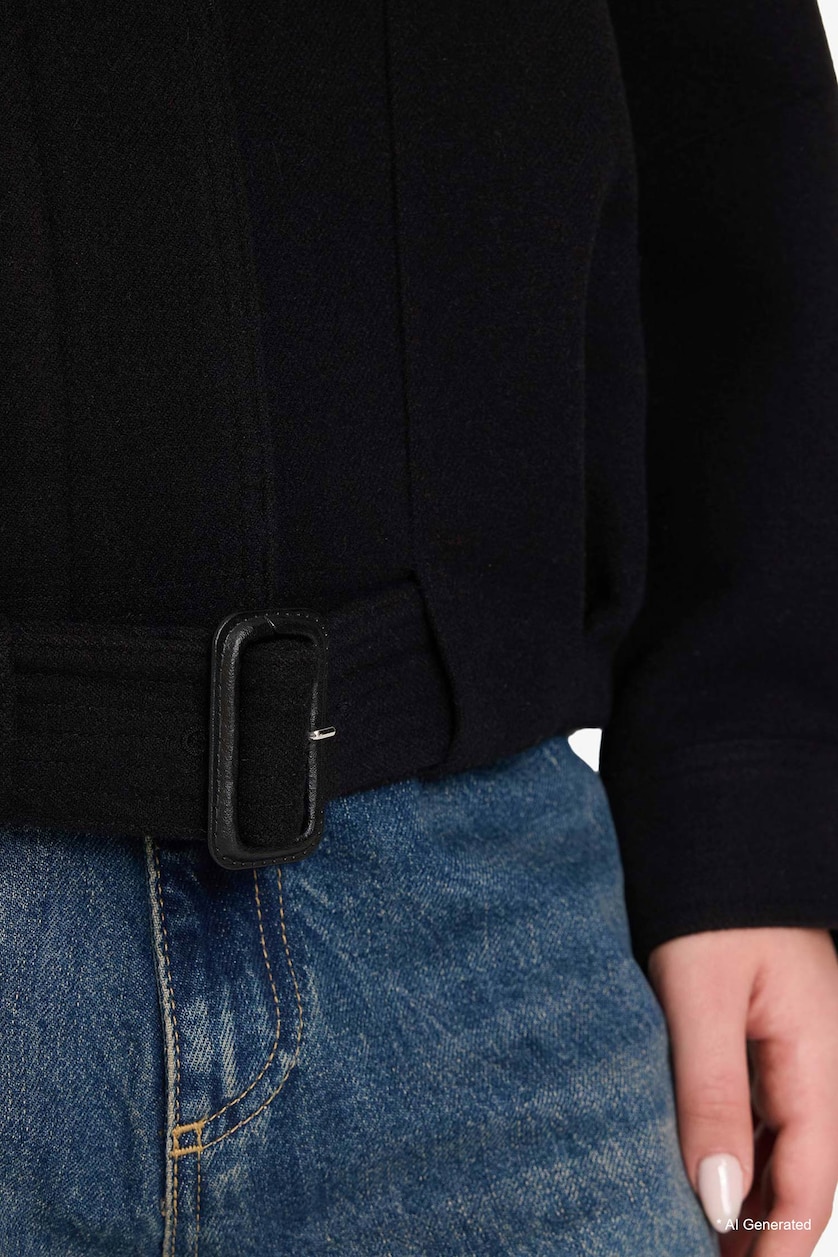 Kadın Siyah Oversize Dik Yaka Kaşe Kaban