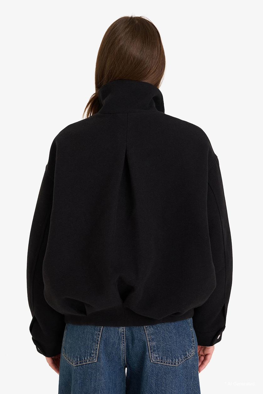 Kadın Siyah Oversize Dik Yaka Kaşe Kaban