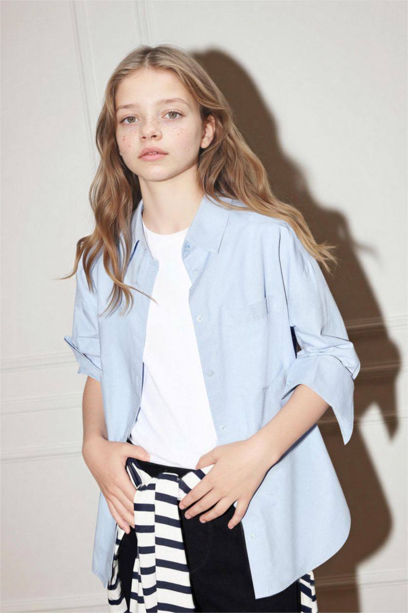 Kız Çocuk - Genç Kız Açık Mavi Oxford 2'li Uzun Kollu Gömlek Kız Çocuk