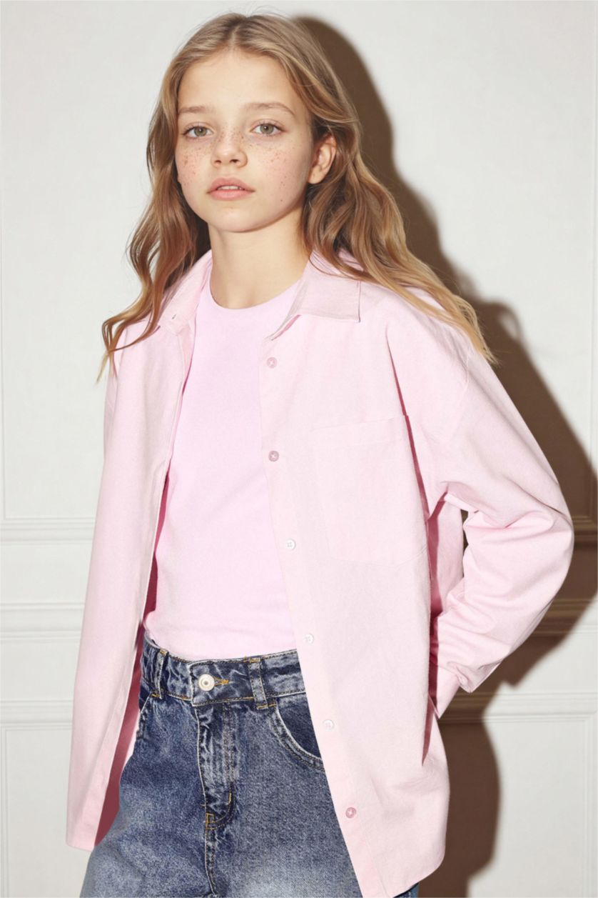 Kız Çocuk - Genç Kız Açık Pembe Oxford Gömlek Tişört 2'li Takım Kız Çocuk