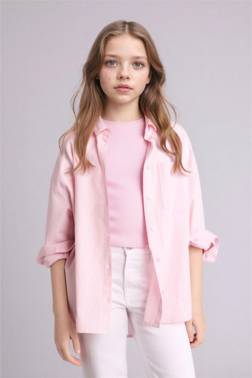 Kız Çocuk - Genç Kız Açık Pembe Oxford Gömlek Tişört 2'li Takım Kız Çocuk