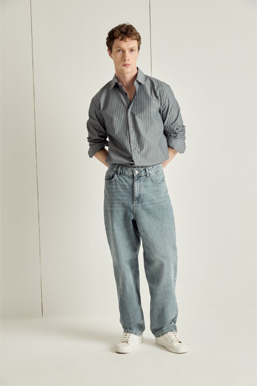 Erkek İndigo Modern Fıt Gömlek Yaka Çizgili Keten Karışımlı Uzun Kollu Gömlek