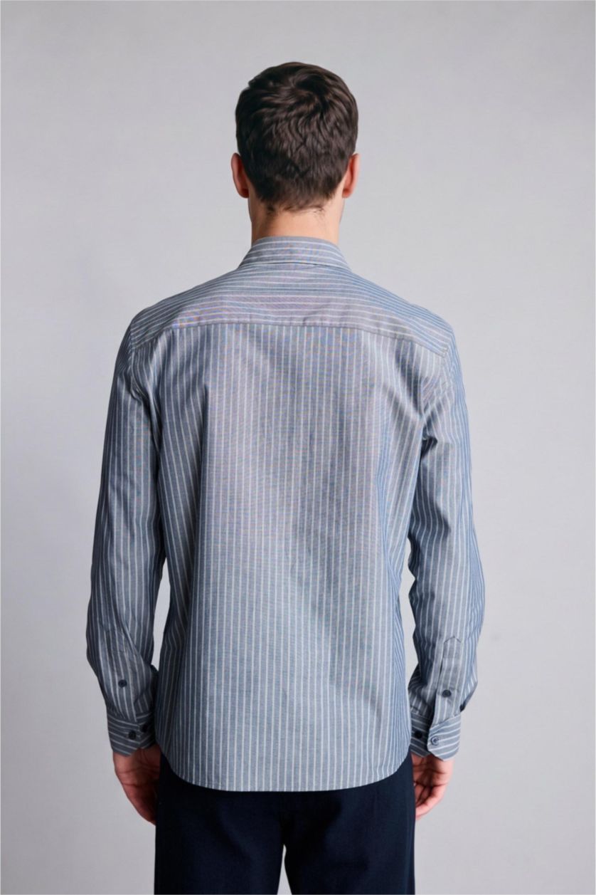 Man Indigo Modern Fit Linen Blended Long Sleeve Shirt