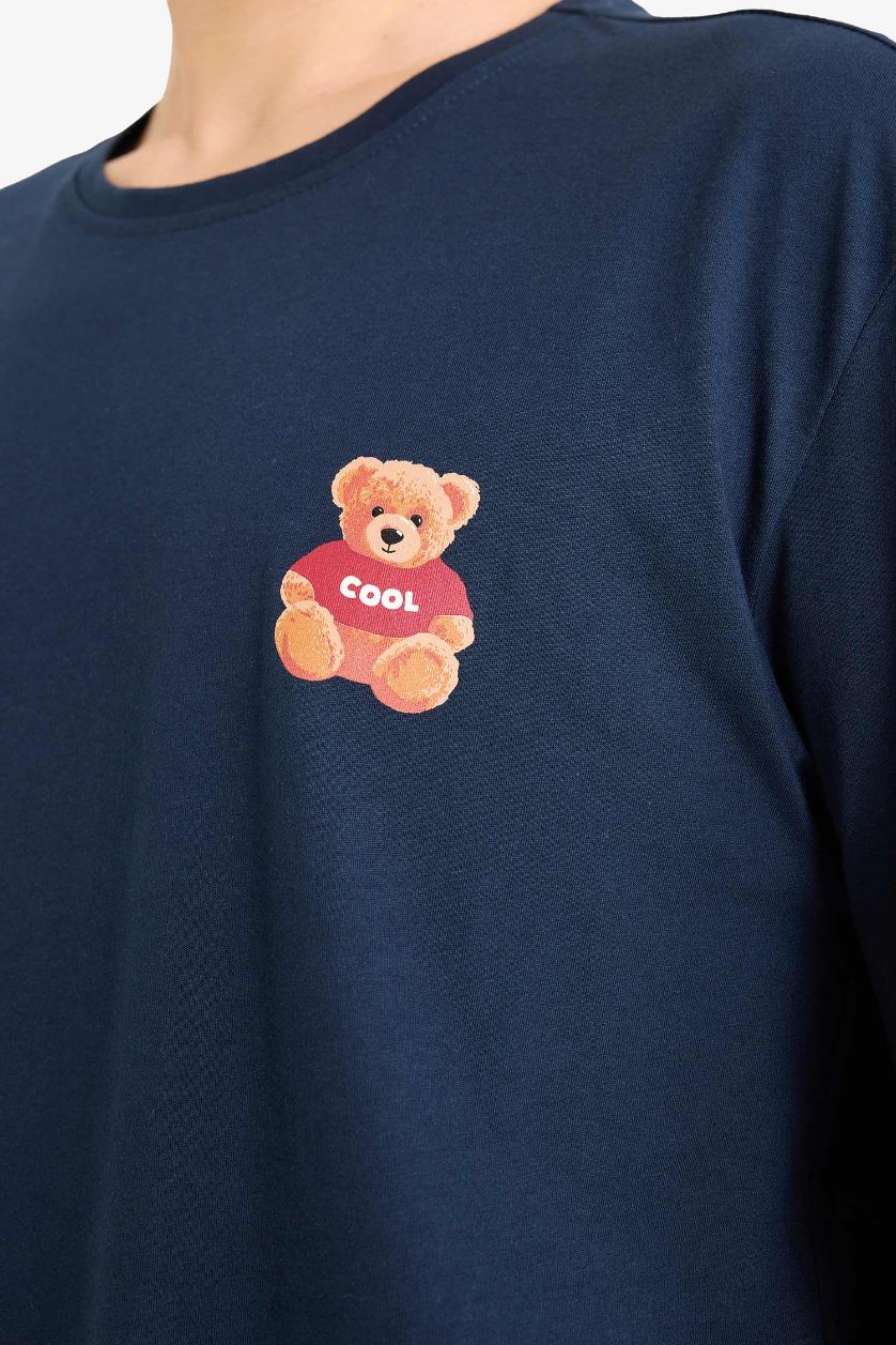 Erkek Lacivert %100 Pamuk Pijama Takımı Regular Fit Ayıcıklı Uzun Kollu Üst Uzun Alt