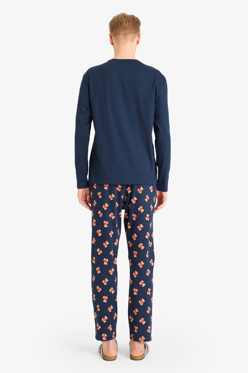 Erkek Lacivert %100 Pamuk Pijama Takımı Regular Fit Ayıcıklı Uzun Kollu Üst Uzun Alt
