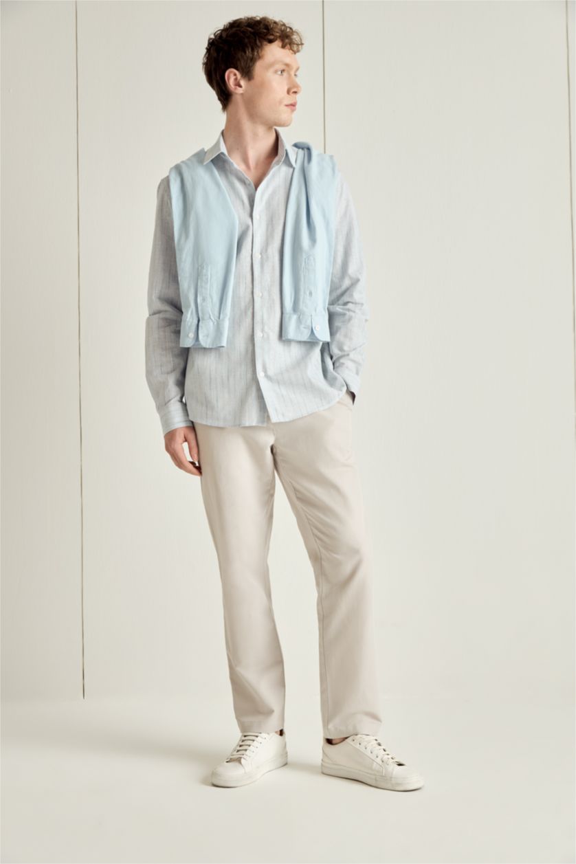 Erkek Açık Mavi Regular Fıt Gömlek Yaka Çizgili Keten Karışımlı Uzun Kollu Gömlek