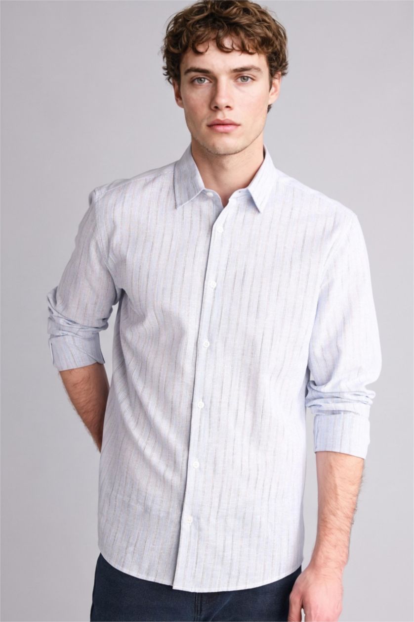 Erkek Açık Mavi Regular Fıt Gömlek Yaka Çizgili Keten Karışımlı Uzun Kollu Gömlek