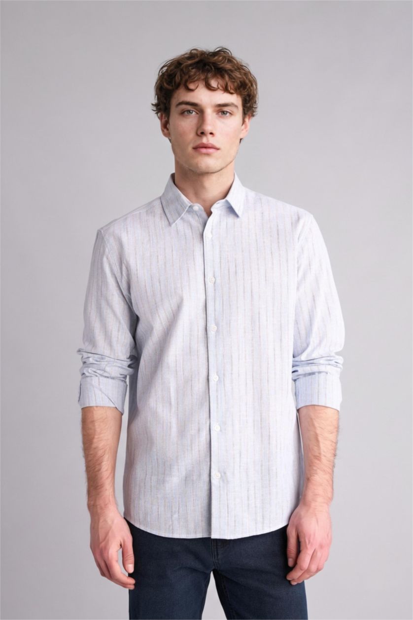 Erkek Açık Mavi Regular Fıt Gömlek Yaka Çizgili Keten Karışımlı Uzun Kollu Gömlek