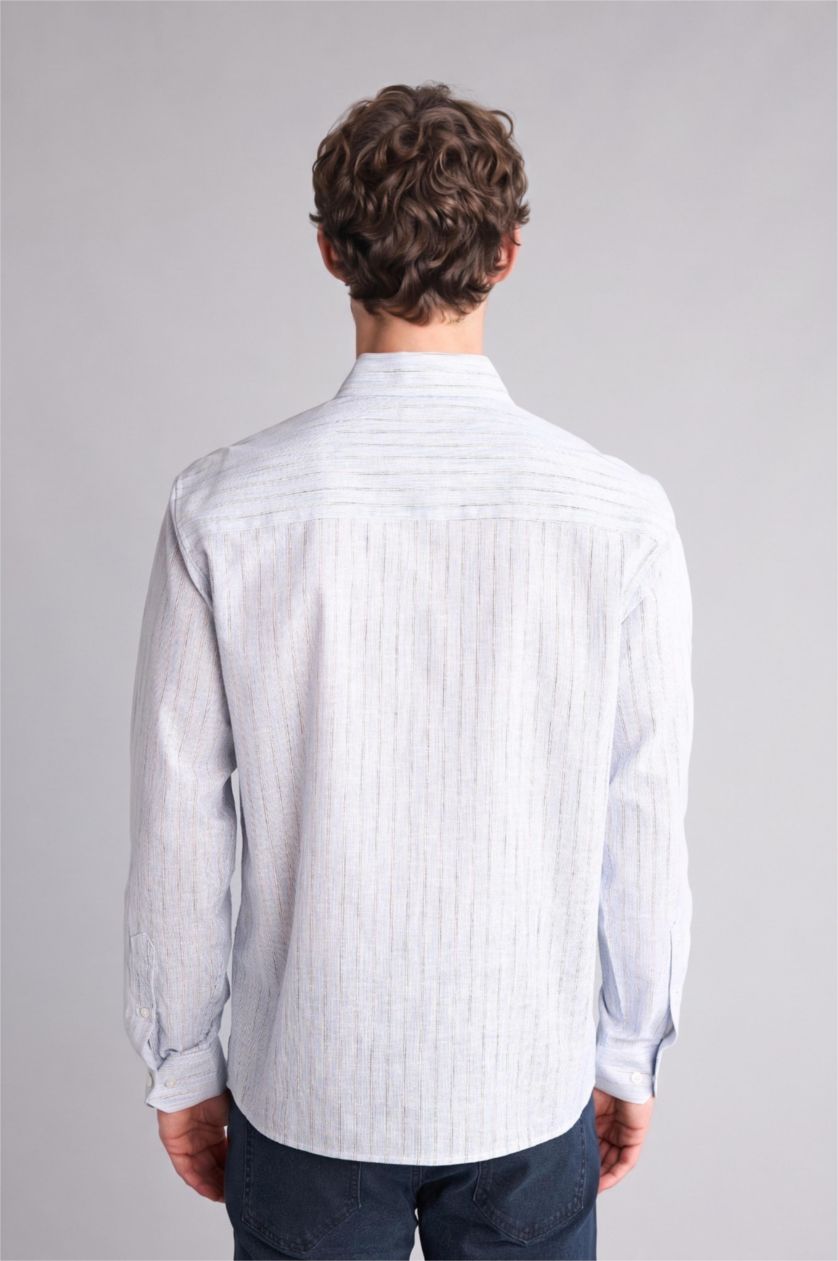 Erkek Açık Mavi Regular Fıt Gömlek Yaka Çizgili Keten Karışımlı Uzun Kollu Gömlek