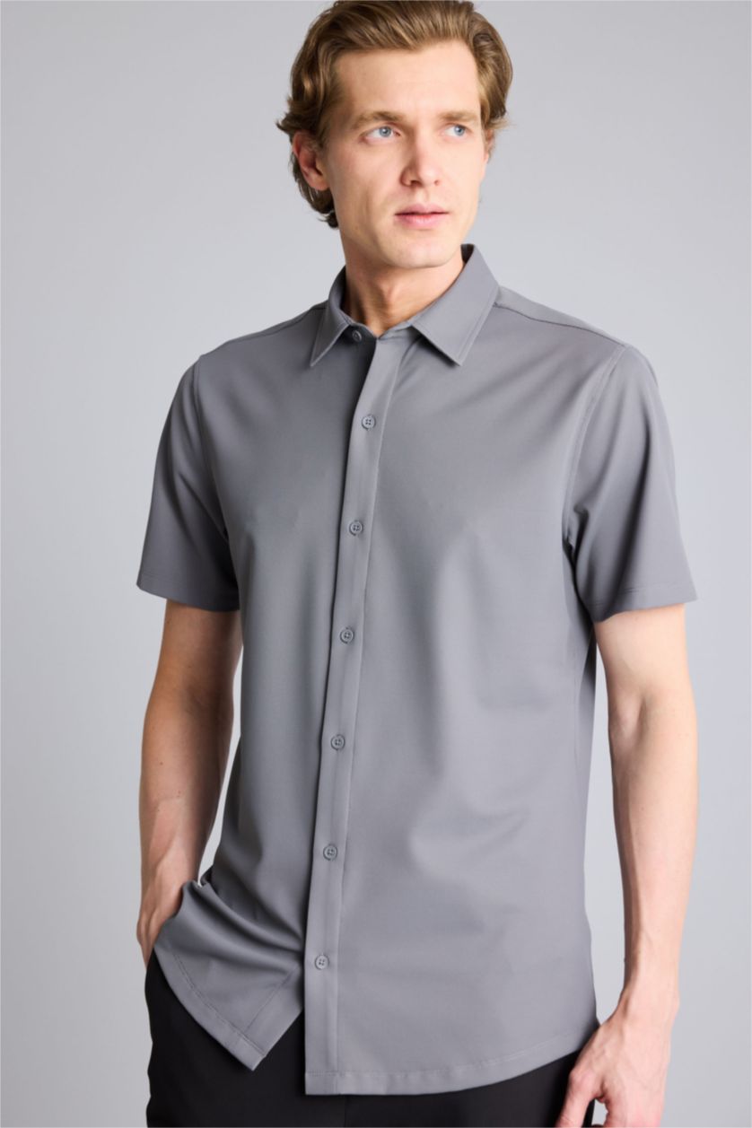 Erkek Gri Slım Fıt Kısa Kollu Gömlek