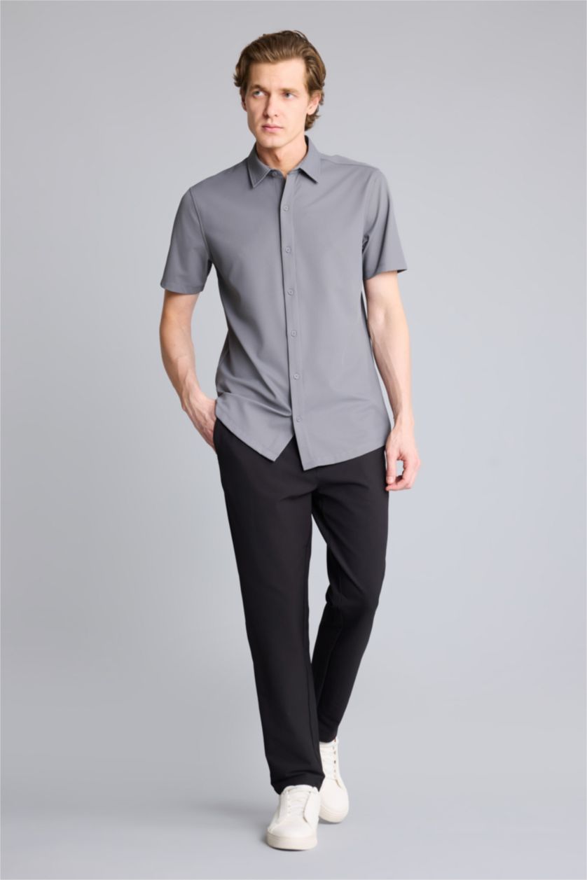 Erkek Gri Slım Fıt Kısa Kollu Gömlek