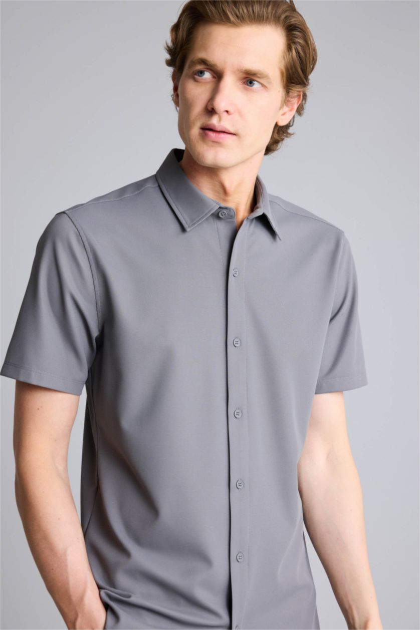 Erkek Gri Slım Fıt Kısa Kollu Gömlek