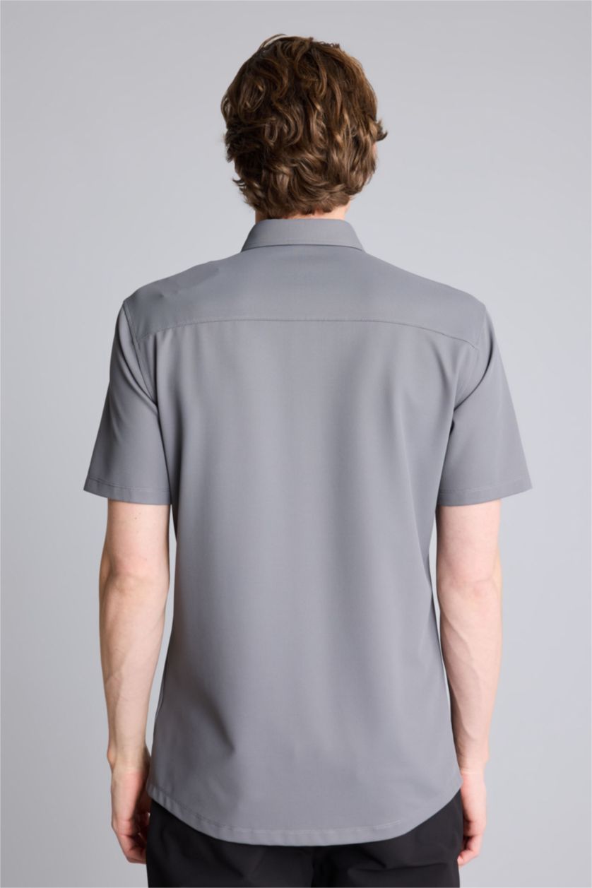 Erkek Gri Slım Fıt Kısa Kollu Gömlek