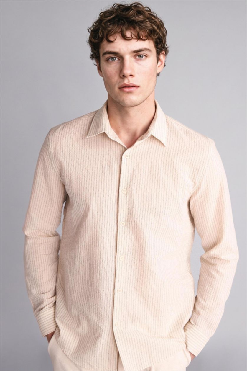 Erkek Ekru Modern Fit Çapraz Dokuma Gömlek