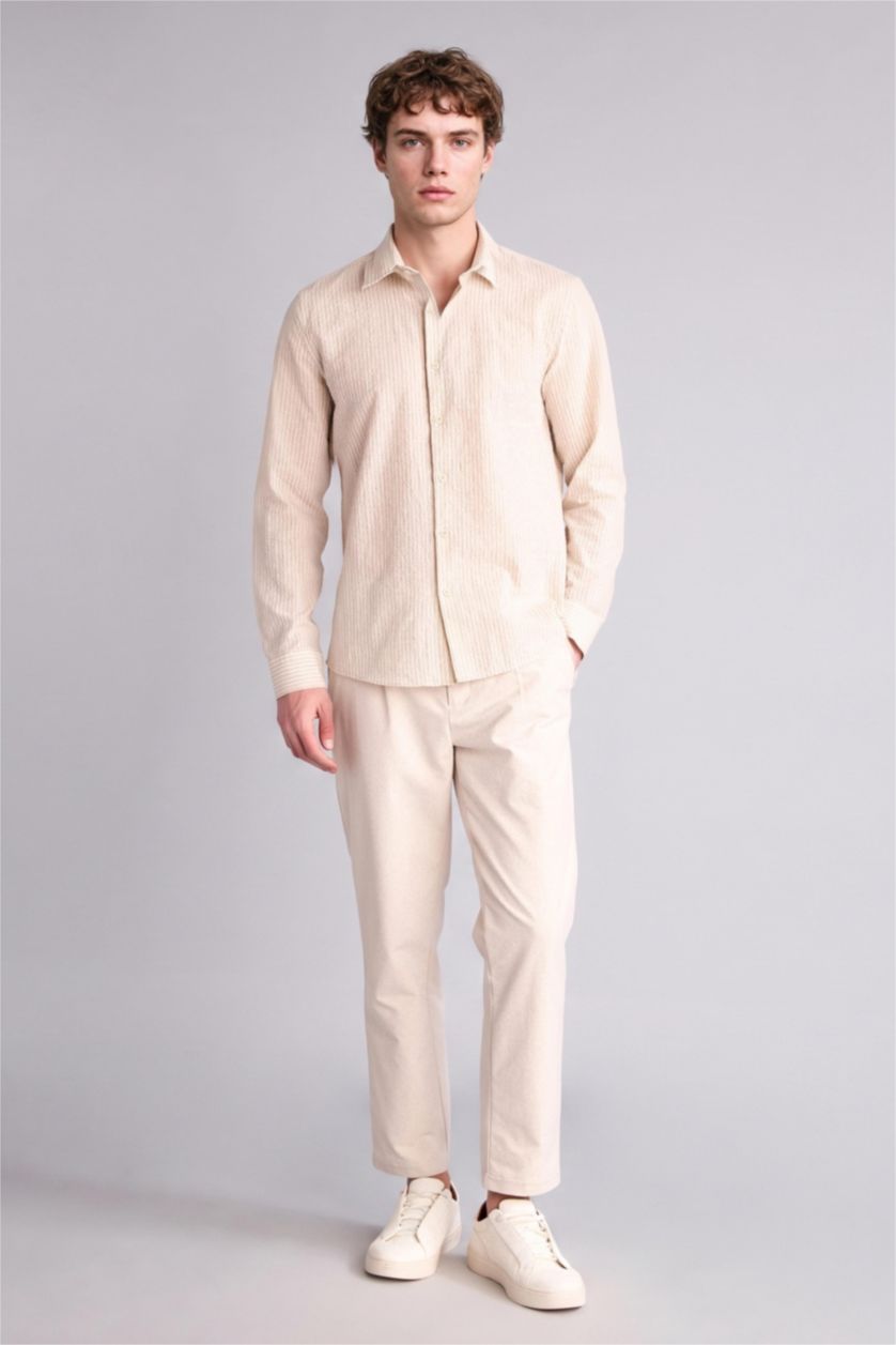 Erkek Ekru Modern Fit Çapraz Dokuma Gömlek