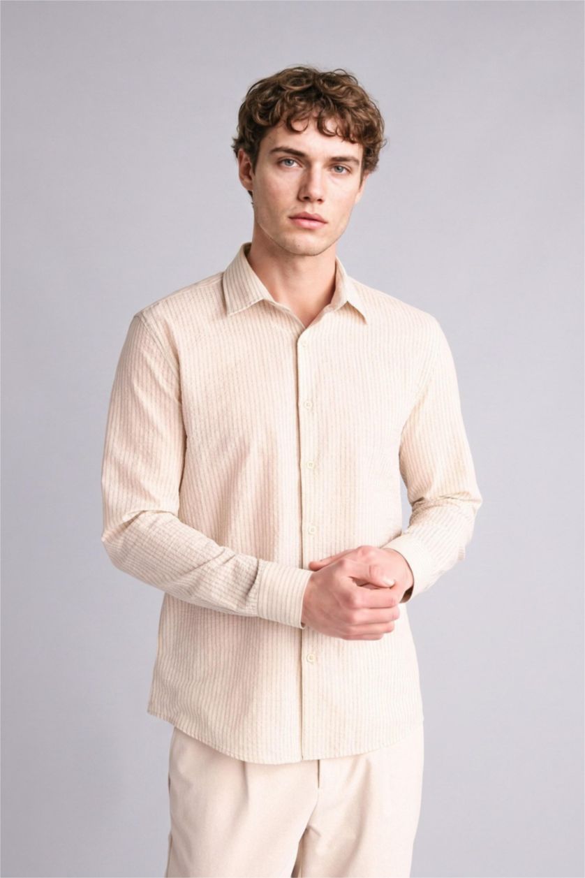 Erkek Ekru Modern Fıt Çizgili Twill Uzun Kollu Gömlek