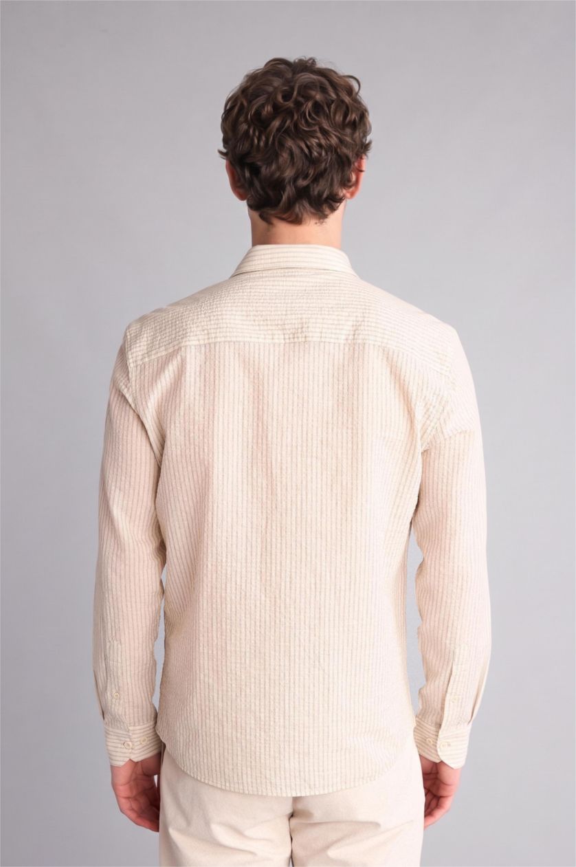 Erkek Ekru Modern Fit Çapraz Dokuma Gömlek