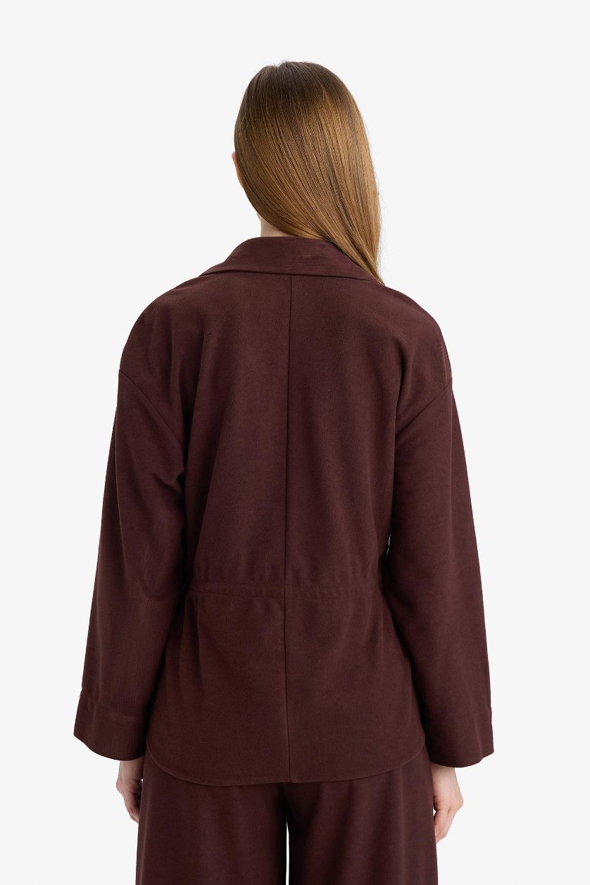 Kadın Kahve Regular Fit Beli Lastikli Süet Uzun Kollu Gömlek