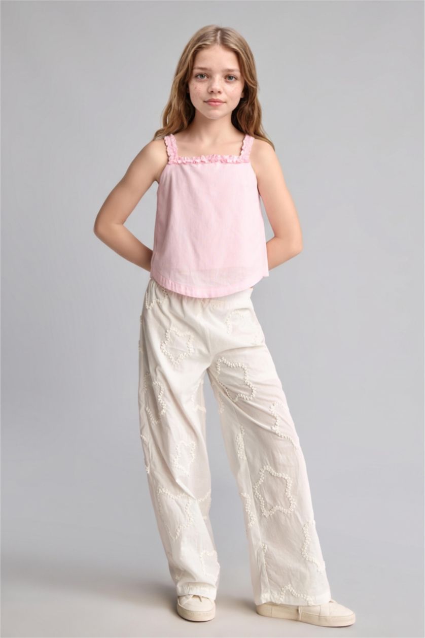 Kız Çocuk - Genç Kız Beyaz Wide Leg Brode Pantolon Kız Çocuk