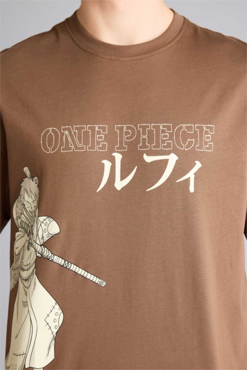 Erkek Kahve One Pıece Baskılı Boxy Fıt Tişört