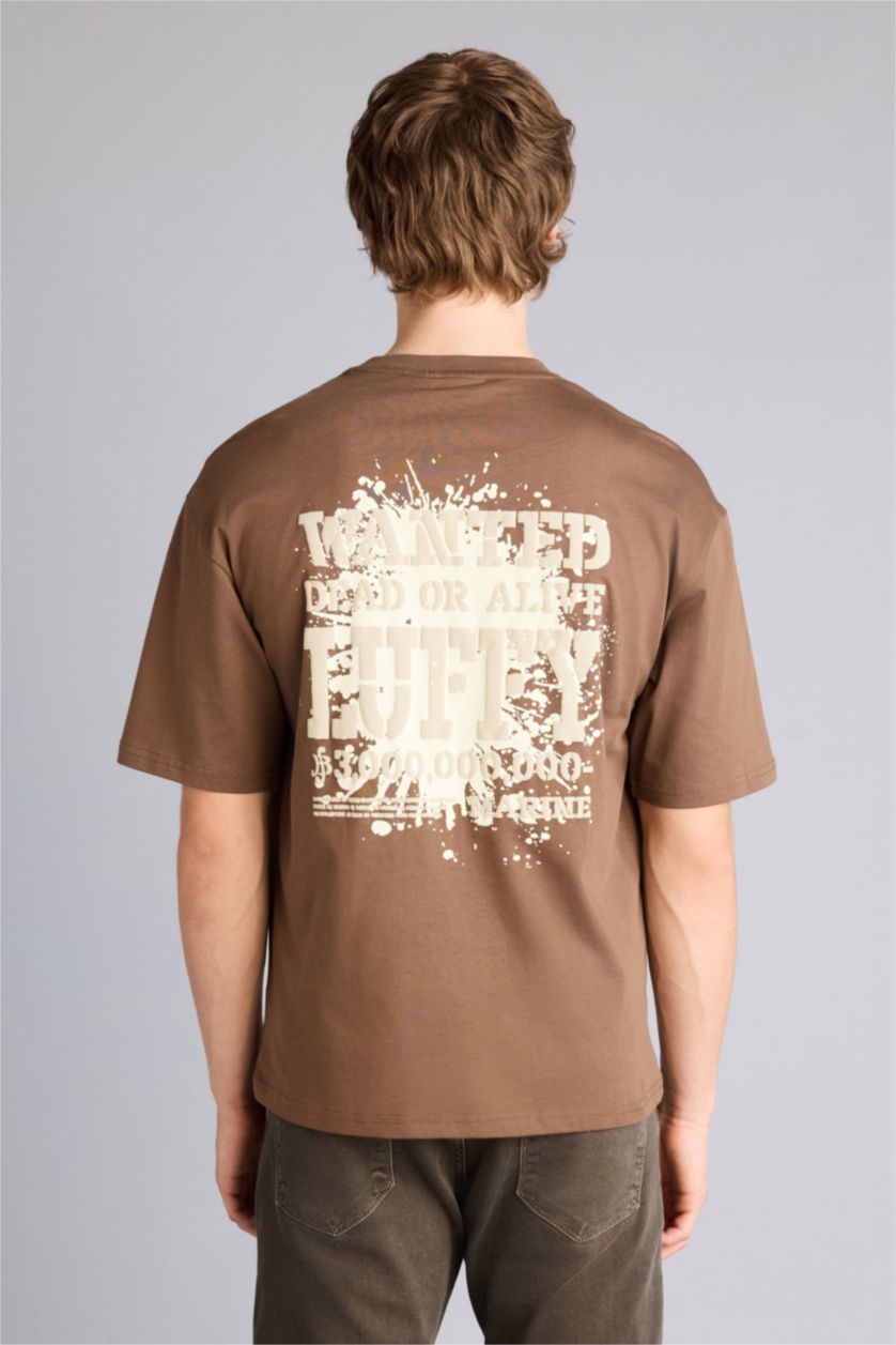 Erkek Kahve One Pıece Baskılı Boxy Fıt Tişört