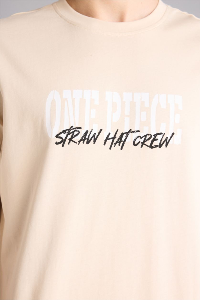 Erkek Bej One Pıece Baskılı Boxy Fıt Tişört