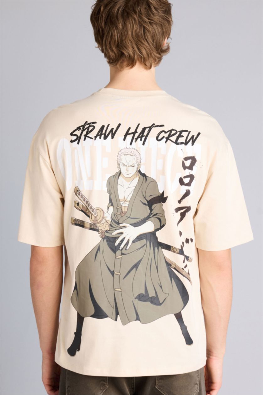 Erkek Bej One Pıece Baskılı Boxy Fıt Tişört