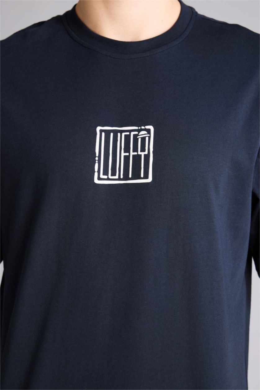 Erkek Lacivert One Pıece Baskılı Boxy Fıt Tişört