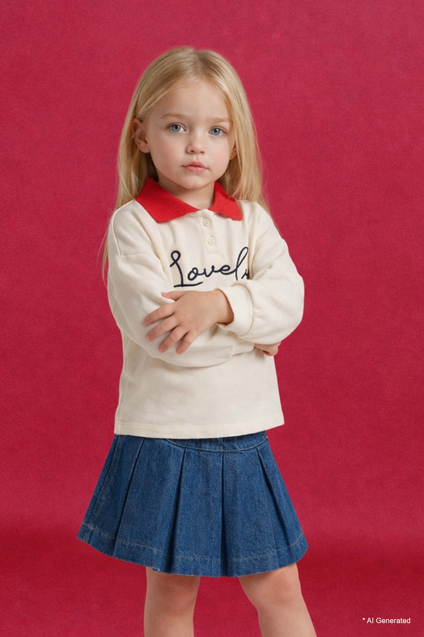BABY GIRL Ecru Baby Girl Oversize Fit Polo Collar Printed Sweatshirt