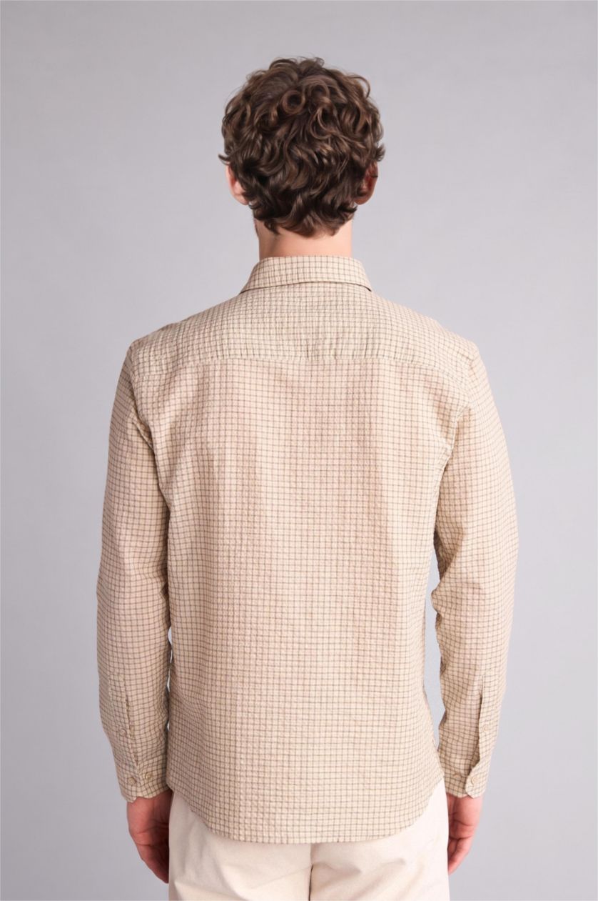 Man Ecru Modern Fit Checked Twill Shirt