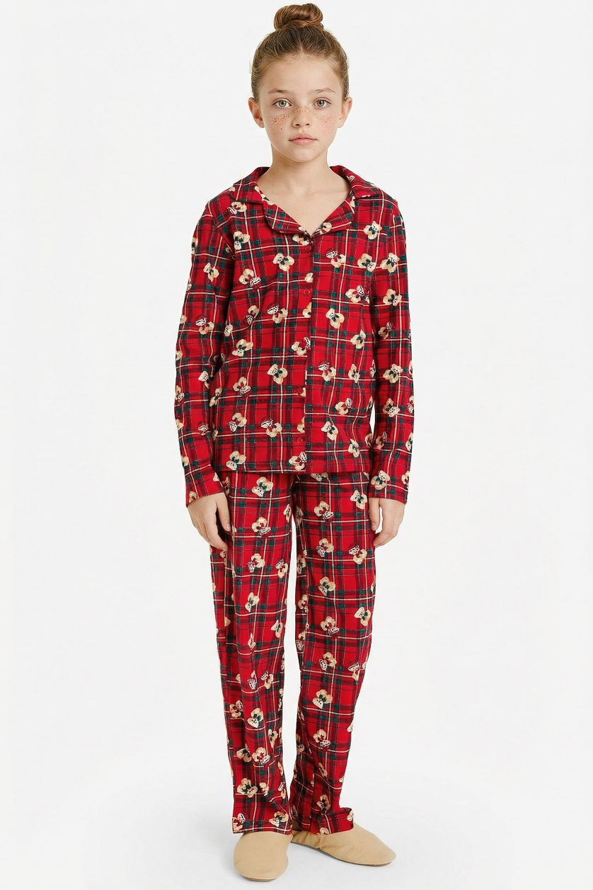 Kız Çocuk - Genç Kız Açık Kırmızı Yılbaşı Temalı Pijama Takımı Kareli Ayıcıklı Uzun Kollu Üst Uzun Alt Kız Çocuk