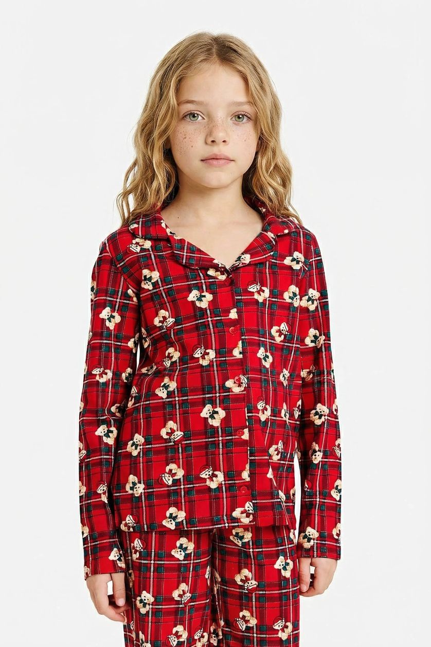 Kız Çocuk - Genç Kız Açık Kırmızı Yılbaşı Temalı Pijama Takımı Kareli Ayıcıklı Uzun Kollu Üst Uzun Alt Kız Çocuk