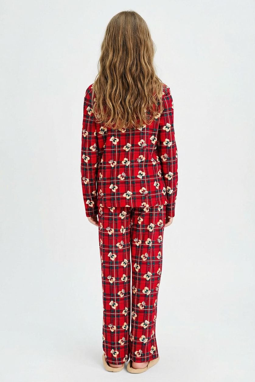 Kız Çocuk - Genç Kız Açık Kırmızı Yılbaşı Temalı Pijama Takımı Kareli Ayıcıklı Uzun Kollu Üst Uzun Alt Kız Çocuk