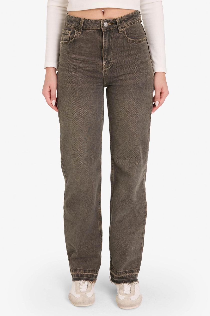 Kadın Kahve 90's Wıde Leg Yüksek Bel Kesik Uç Paça Uzun Jean Yıkamalı Pantolon