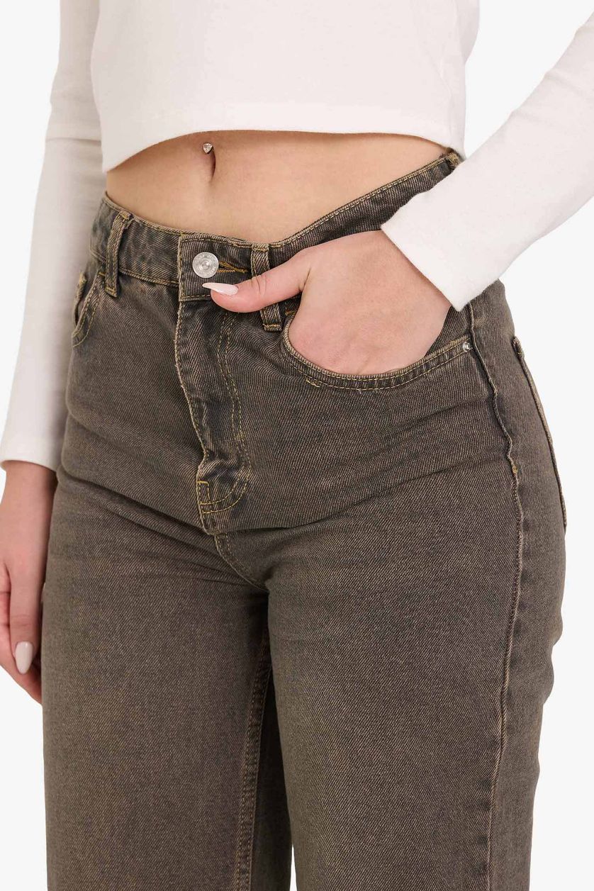 Kadın Kahve 90's Wıde Leg Yüksek Bel Kesik Uç Paça Uzun Jean Yıkamalı Pantolon