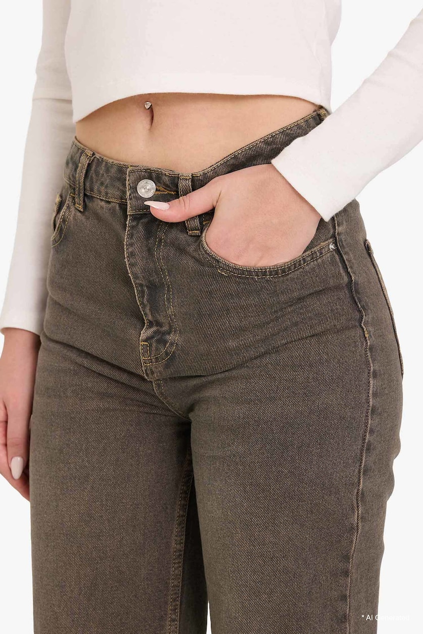 نساء بني بنطرون جينز قطن 100% برجل واسع وخصرعالي