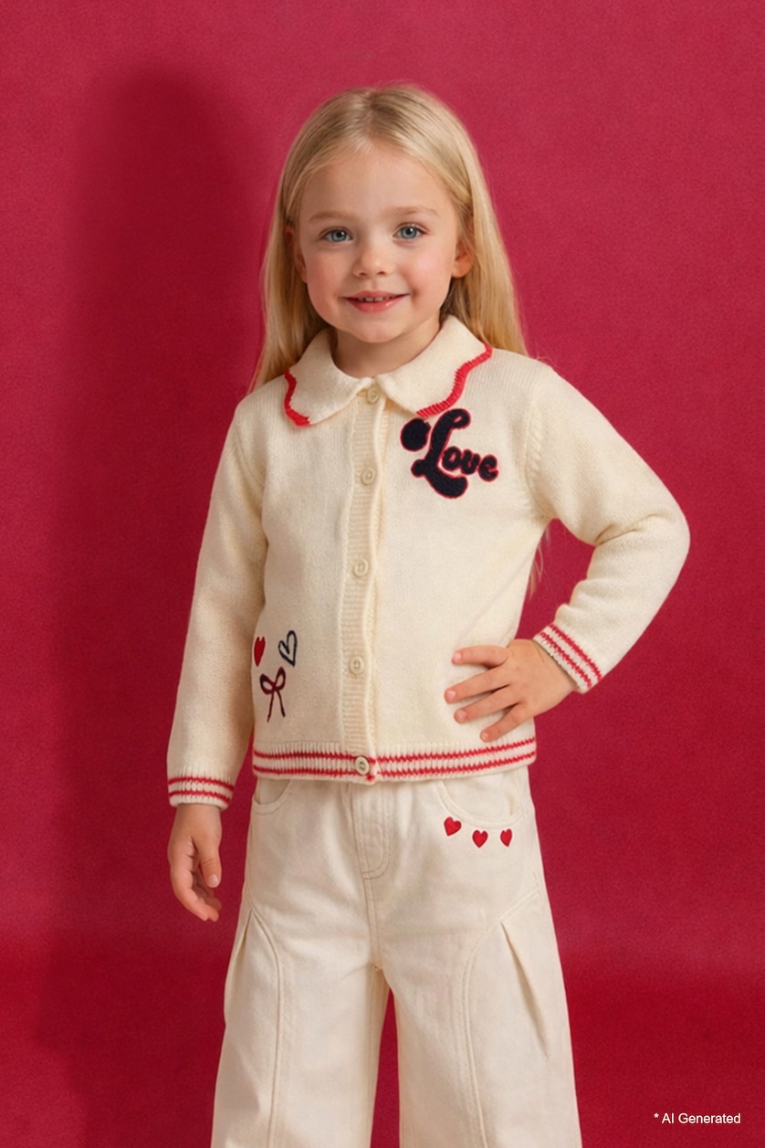 BABY GIRL Ecru Baby Girl Embroidered Large Collar Cardigan