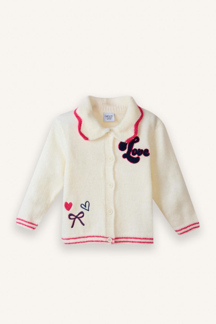 طفلة صغيرة بيج فاتح كارديجان بناتي مطرز قصة عادية بياقة كبيرة