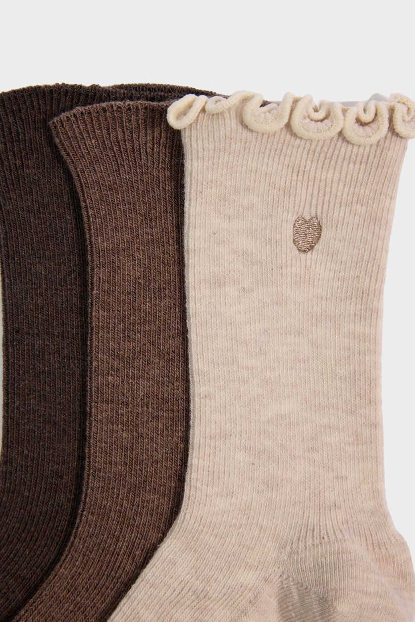 Kadın Kahve Kadın Nakışlı 3'lü Pamuklu Uzun Çorap