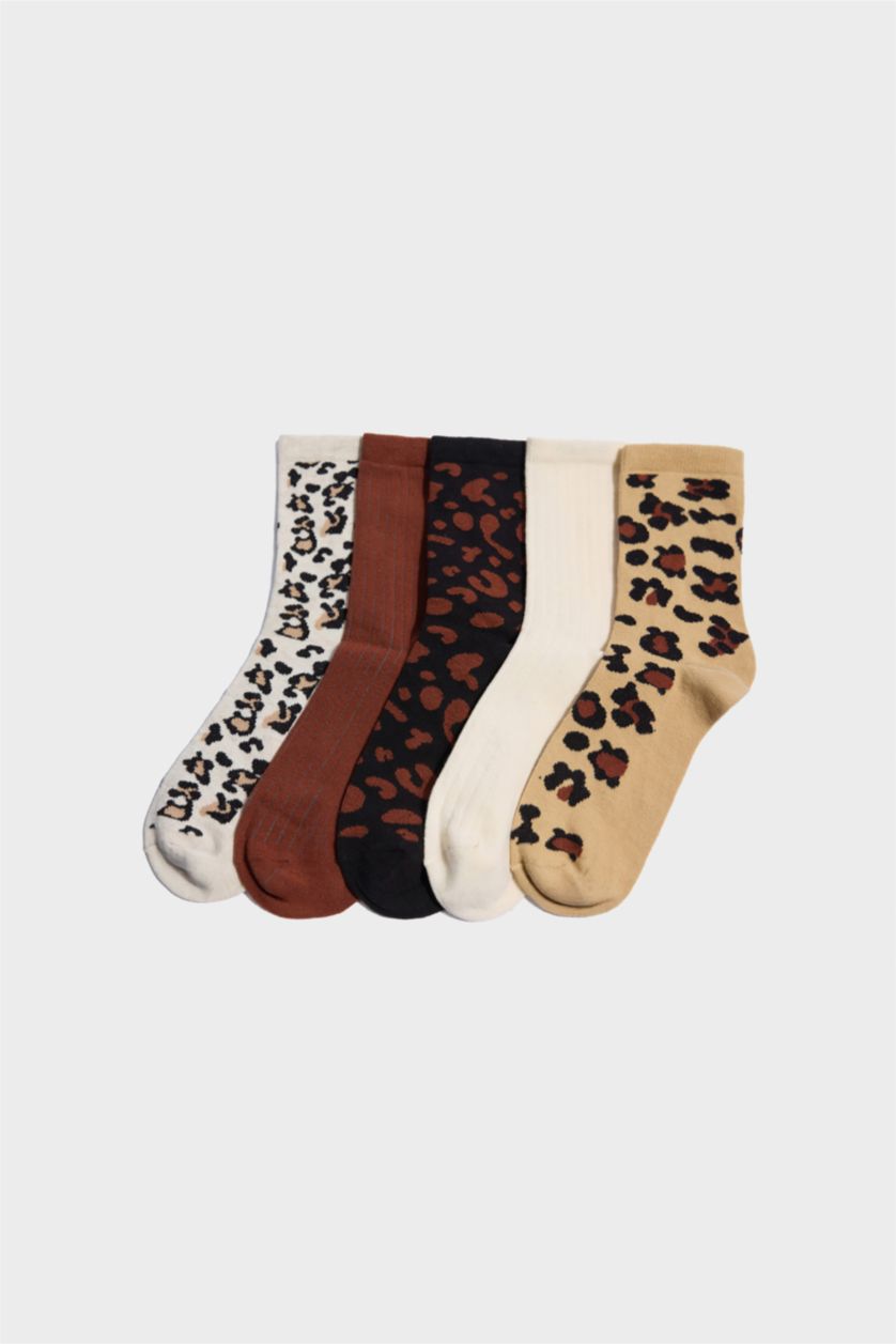Kadın Karma Kadın Leopar Desenli 5'li Pamuklu Uzun Çorap