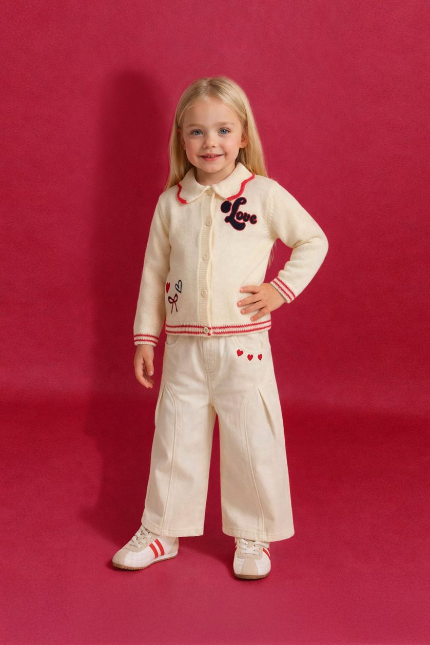 Kız Bebek Ekru Wide Leg Nakışlı Esnek Bantlı Paça Gabardin Pantolon Kız Bebek